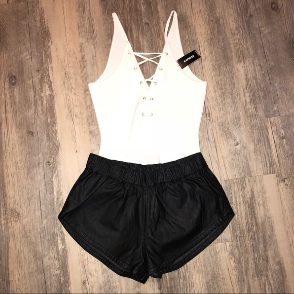 Express Tops - White Lace Up Body Suit